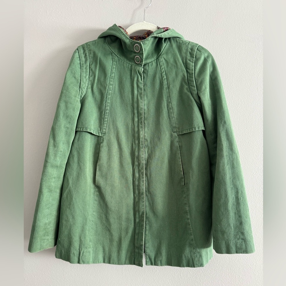 Anthropologie green zip hooded jacket w/cute colorful lining - boho fall size M